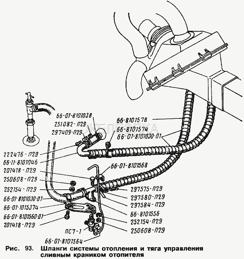 Шланги системы отопления и тяга управления сливным краником отопителя.  ГАЗ-66 (Каталог 1996 г.)