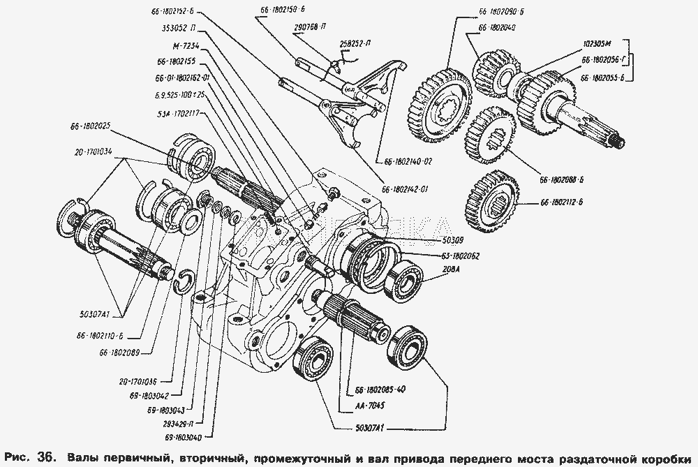 Валы первичный, вторичный, промежуточный и вал привода переднего моста раздаточной коробки.  ГАЗ-66 (Каталог 1996 г.)