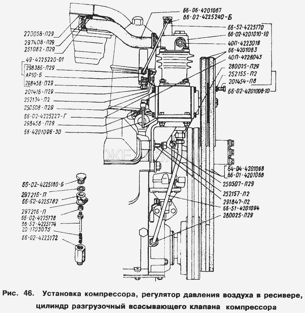 Установка компрессора, регулятор давления воздуха в ресивере, цилиндр разгрузочный всасывающего клапана компрессора.  ГАЗ-66 (Каталог 1996 г.)