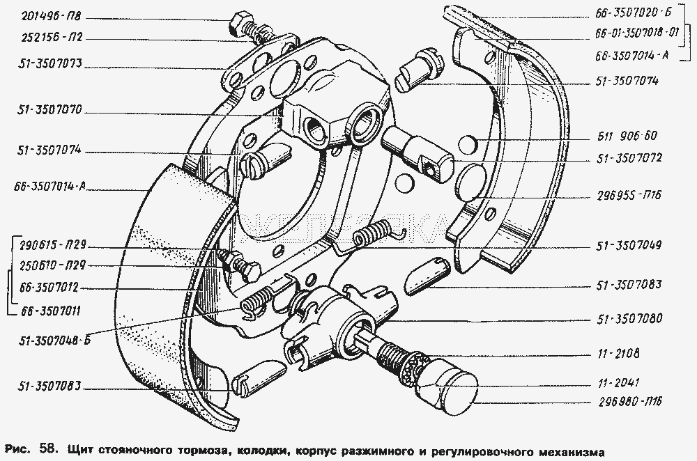Щит стояночного тормоза, колодки, корпус разжимного и регулировочного механизма.  ГАЗ-66 (Каталог 1996 г.)