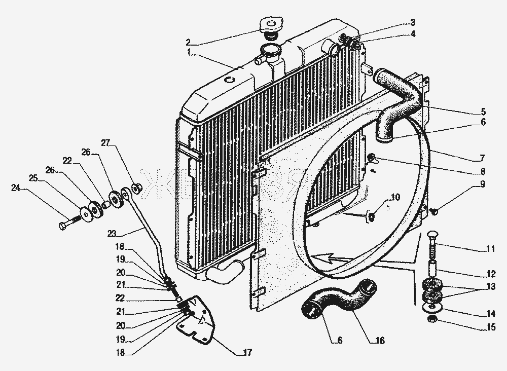 Установка системы охлаждения, радиатор.  ГАЗ-33104 Валдай