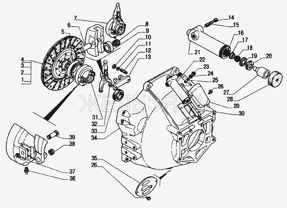 Сцепление, механизм выключения с рабочим цилиндром, ведомый диск сцепления.  ГАЗ-33104 Валдай