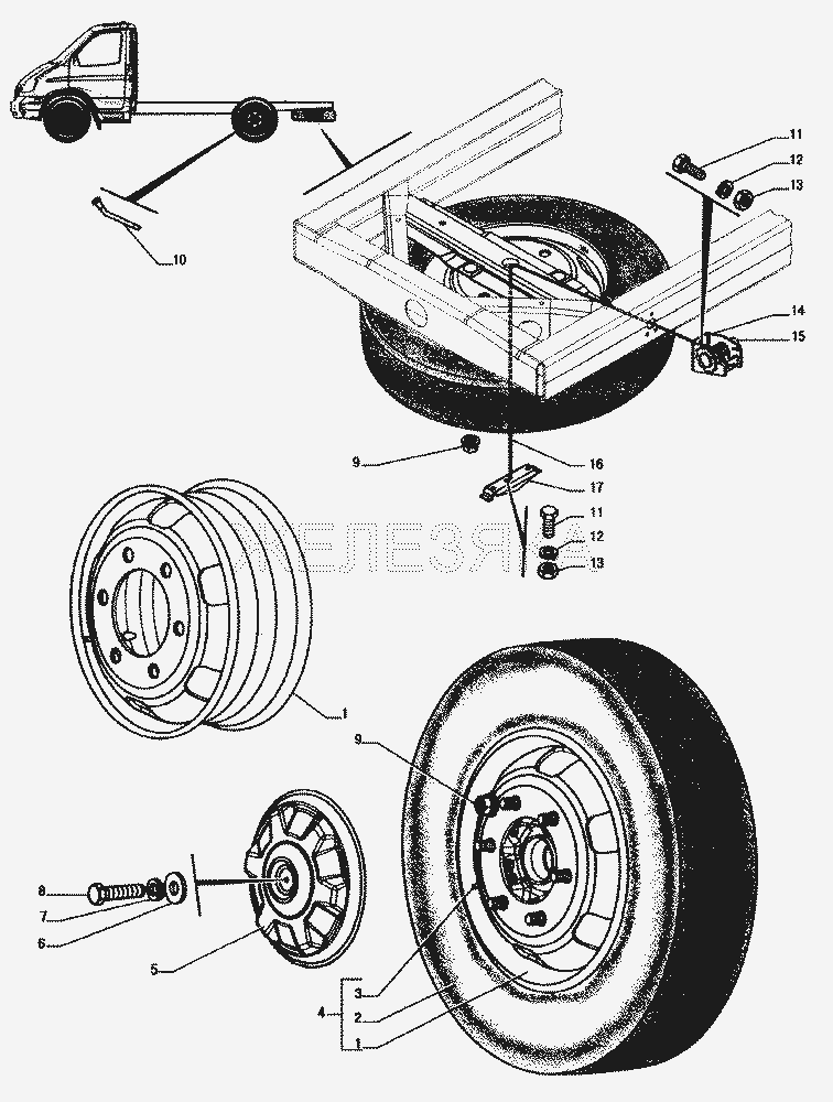 Установка колес, установка держателя запасного колеса.  ГАЗ-33104 Валдай