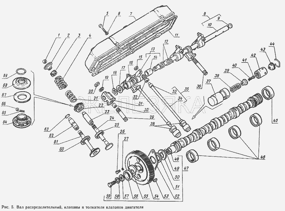 Вал распределительный, клапаны и толкатели клапанов двигателя.  ГАЗ-14 (Чайка)