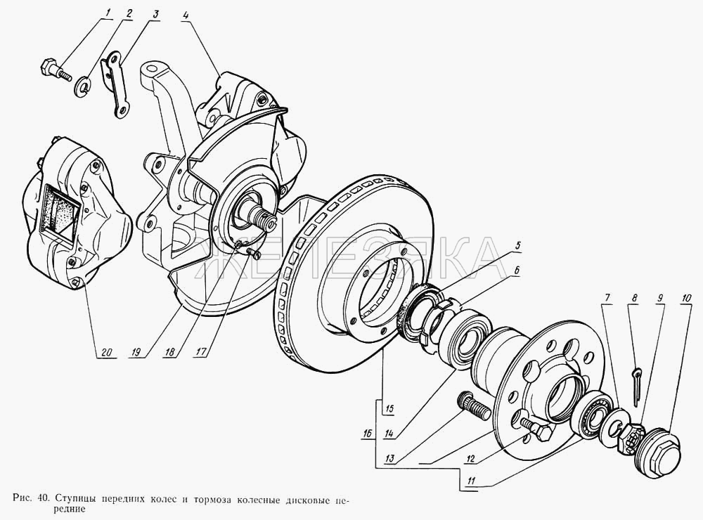 Ступицы передних колес и тормоза колесные дисковые передние.  ГАЗ-14 (Чайка)