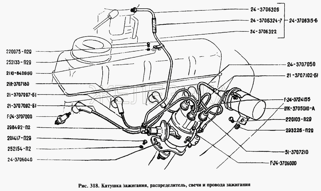 Катушка зажигания, распределитель, свечи привода зажигания.  ГАЗ-24