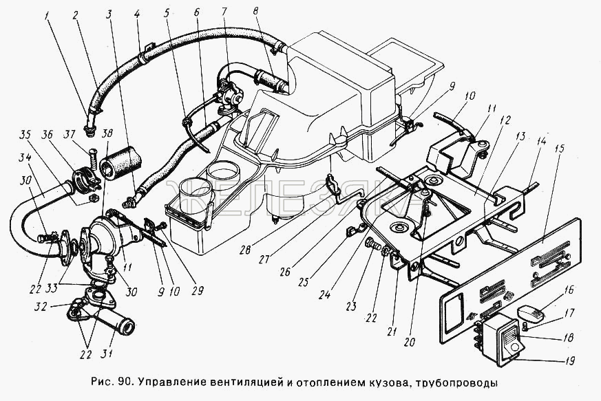 Управление вентиляцией и отоплением кузова, трубопроводы.  ГАЗ-24-10