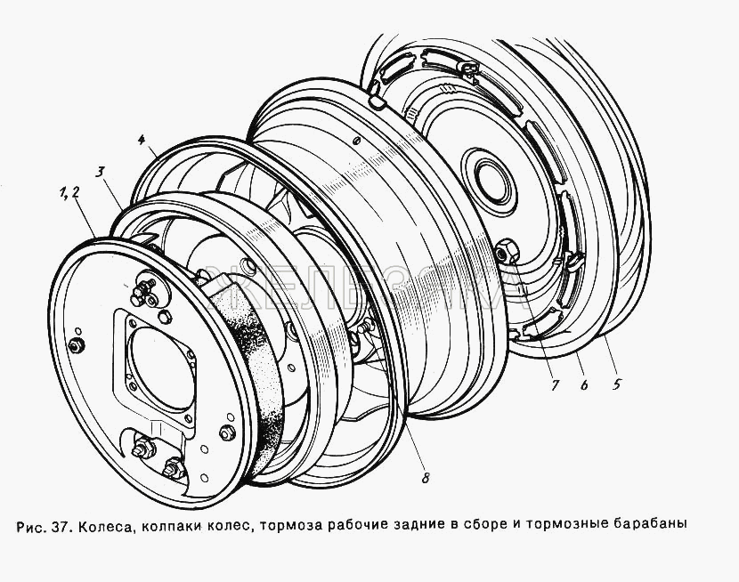 Колеса, колпаки колес, Тормоза рабочие задние в сборе и тормозные барабаны.  ГАЗ-24-10