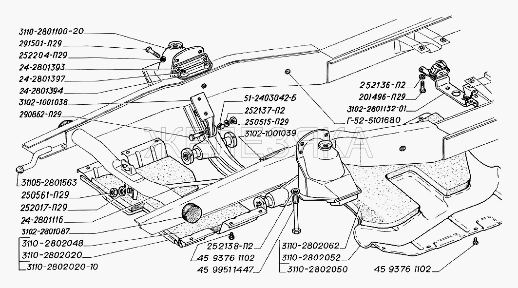 Установка брызговика и щитка двигателя, поперечины и заглушки рамы.  ГАЗ-31105