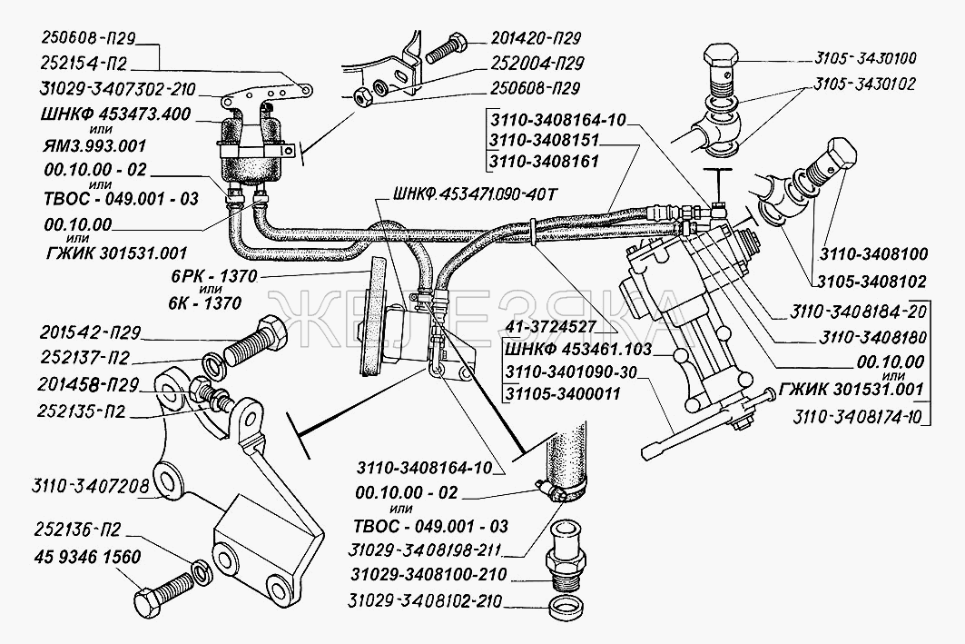 Насос, бачок и шланги гидроусилителя руля, ремень привода насоса.  ГАЗ-31105