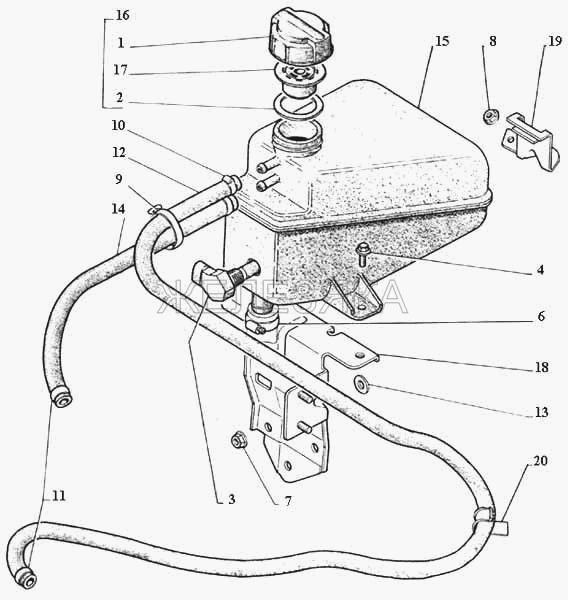 Расширительный бачок, пробка расширительного бачка, датчик БСК уровня охлаждающей жидкости (ДОХ-1).  ГАЗ-3111