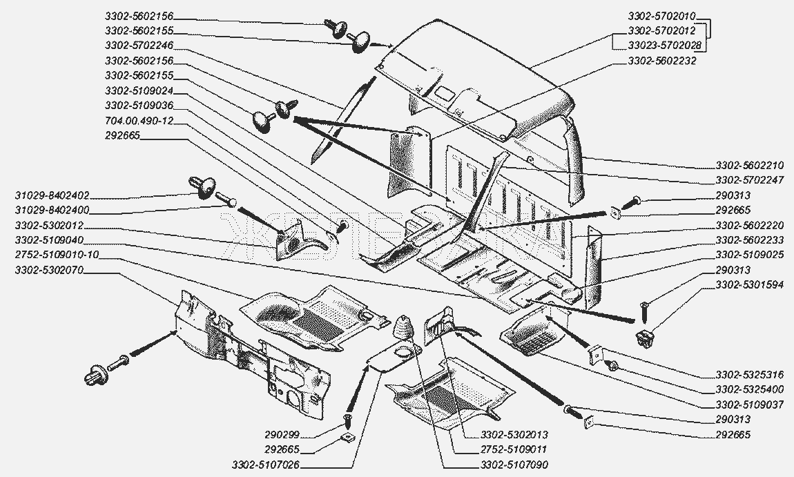 Обивка кабины, коврики пола, крышка люка пола.  ГАЗ-3302 (2004)