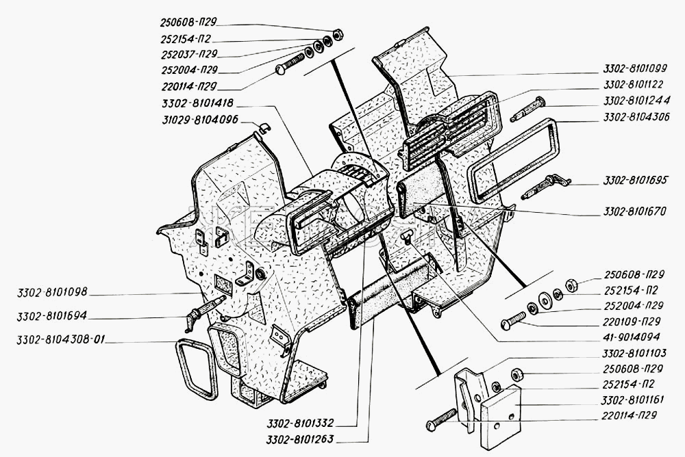 Кожух и крышка отопителя со вставками, корпус и крышка корпуса вентилятора (для автомобилей выпуска до 2003 г.).  ГАЗ-3302 (2004)