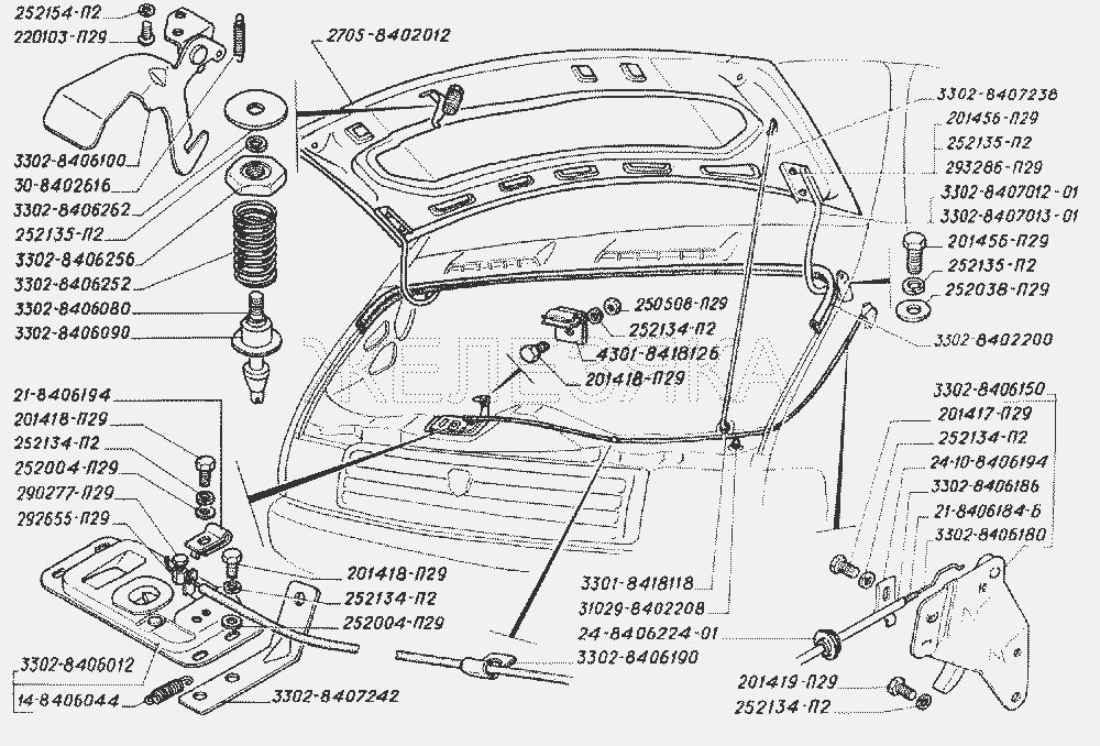 Капот с арматурой, замок капота и его привод, уплотнитель и петли капота (для автомобилей выпуска до 2003 г.).  ГАЗ-3302 (2004)