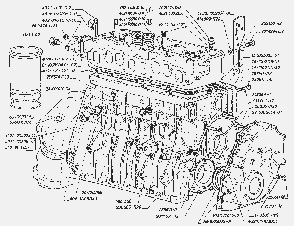 Блок и головка цилиндров, датчик давления масла и датчик перегрева охлаждающей жидкости двигателей ЗМЗ-402.  ГАЗ-3302 (2004)