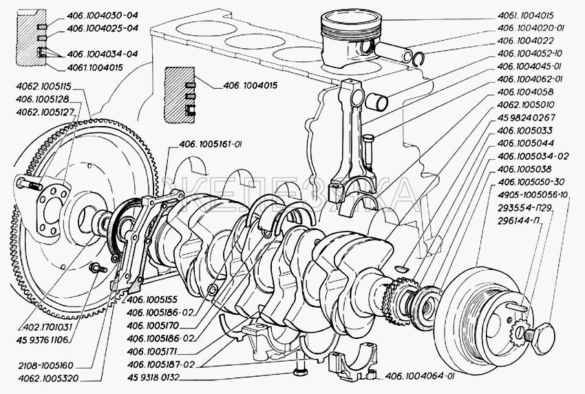 Вал коленчатый, поршни и шатуны двигателей ЗМЗ-406.  ГАЗ-3302 (2004)