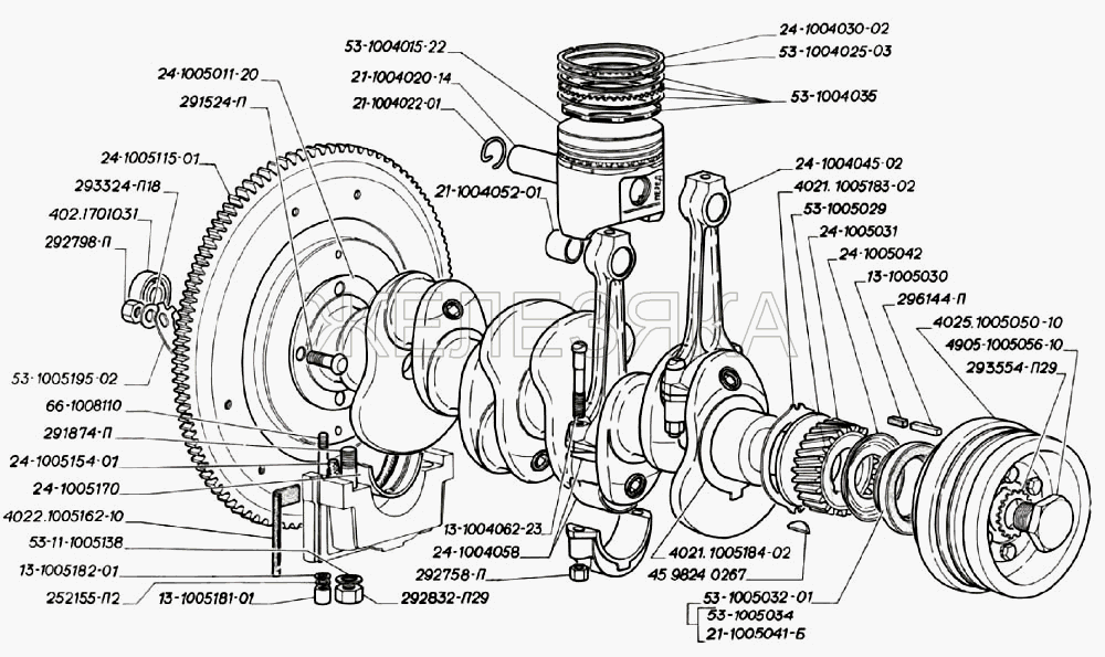 Вал коленчатый, поршни и шатуны двигателей ЗМЗ-402.  ГАЗ-3302 (2004)
