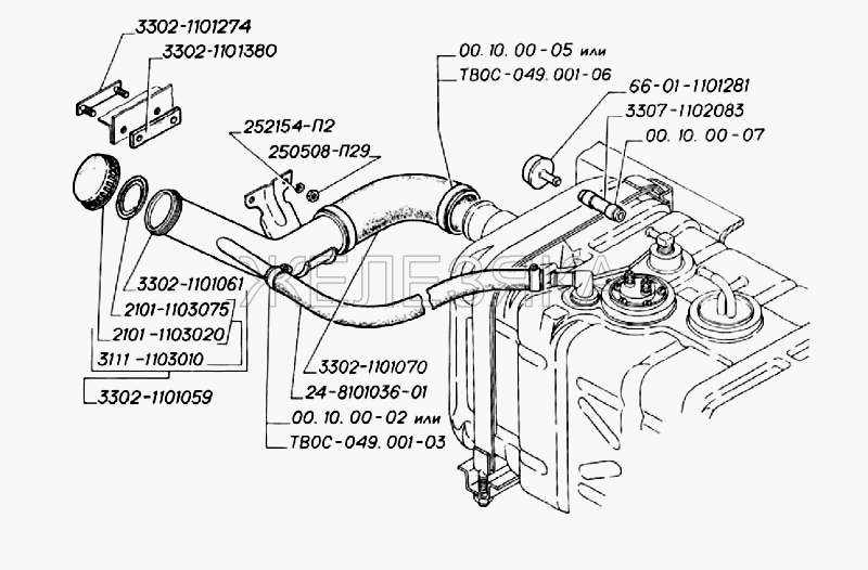 Бак топливный пластмассовый с горловиной и пробкой.  ГАЗ-3302 (2004)