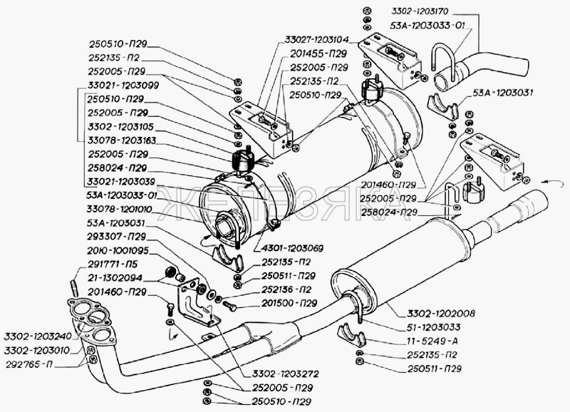 Глушитель, резонатор, трубы и подвеска глушителя двигателей ЗМЗ-406.  ГАЗ-3302 (2004)