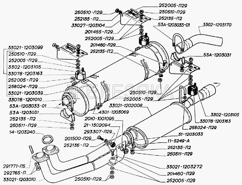 Глушитель, резонатор, трубы и подвеска глушителя двигателей ЗМЗ-402.  ГАЗ-3302 (2004)