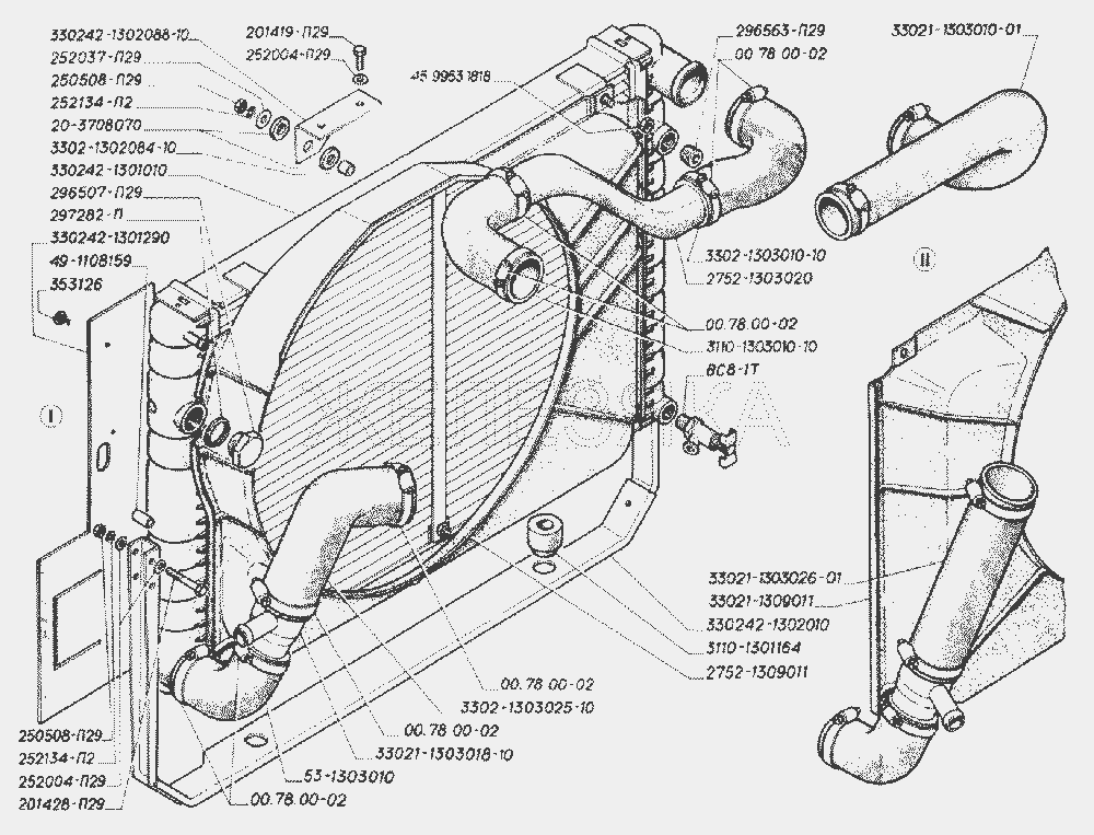 Радиатор системы охлаждения, кожух вентилятора (для автомобилей выпуска с 1998 г. по октябрь 2002 г.).  ГАЗ-3302 (2004)