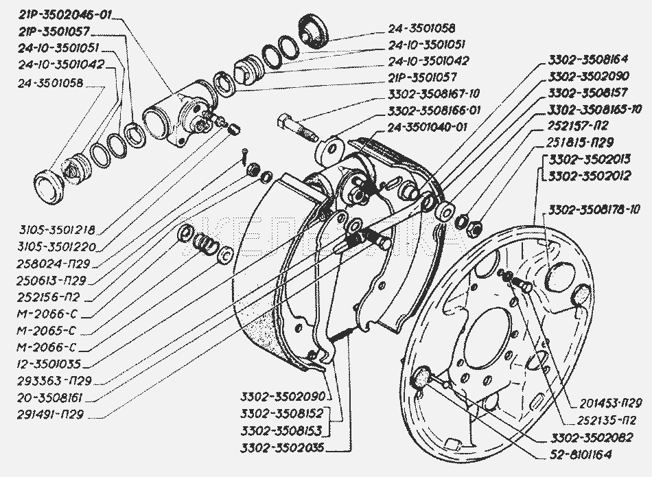 Колесный цилиндр, щит и колодки заднего тормоза, разжимной механизм колодок.  ГАЗ-3302 (2004)