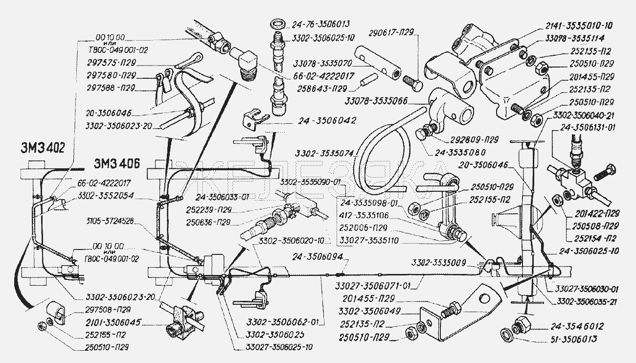 Трубопроводы тормозной системы, регулятор давления тормозов с приводом.  ГАЗ-3302 (2004)