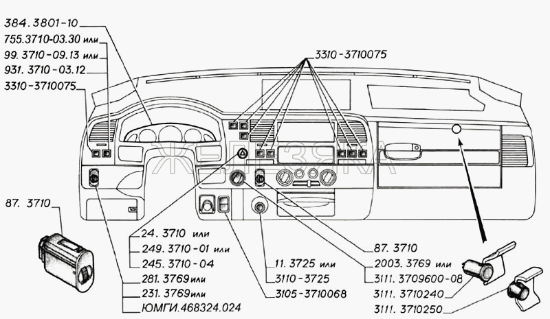 Органы управления на панели приборов, комбинация приборов (для автомобилей выпуска с 2003 г.).  ГАЗ-3302 (2004)