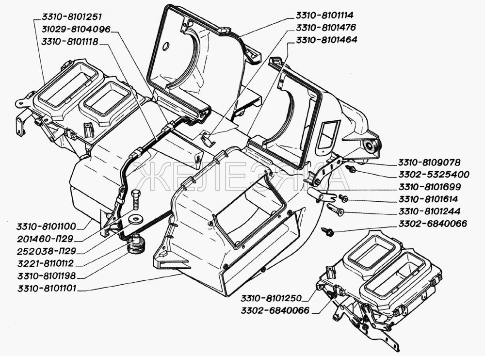 Детали корпуса отопителя (для автомобилей выпуска с 2003 года).  ГАЗ-2705 (дв. ЗМЗ-402)