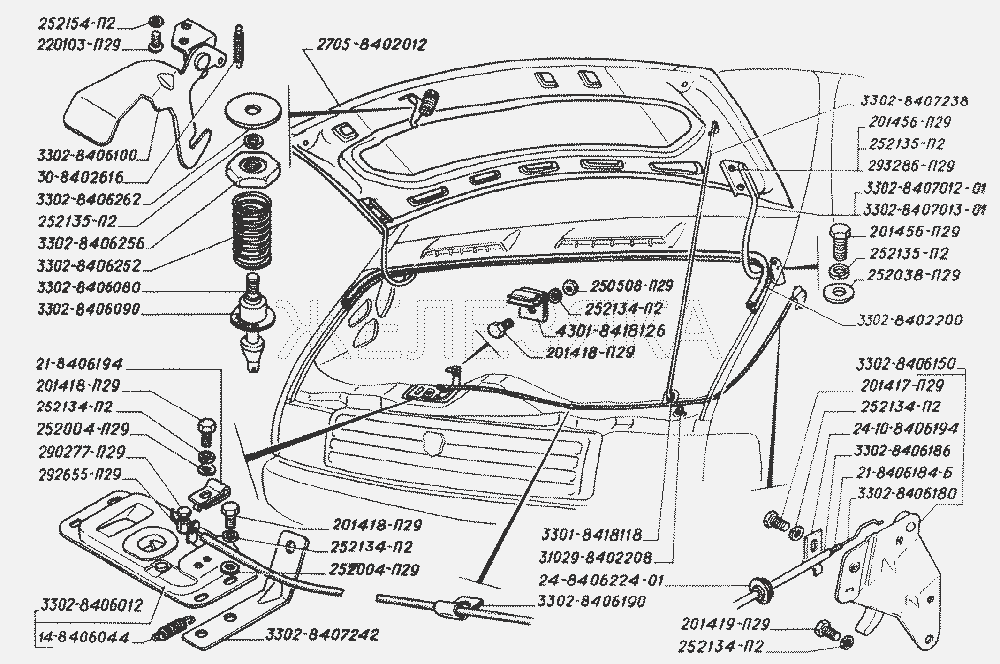Капот с арматурой, замок капота и его привод, уплотнитель и петли капота.  ГАЗ-2705 (дв. ЗМЗ-402)