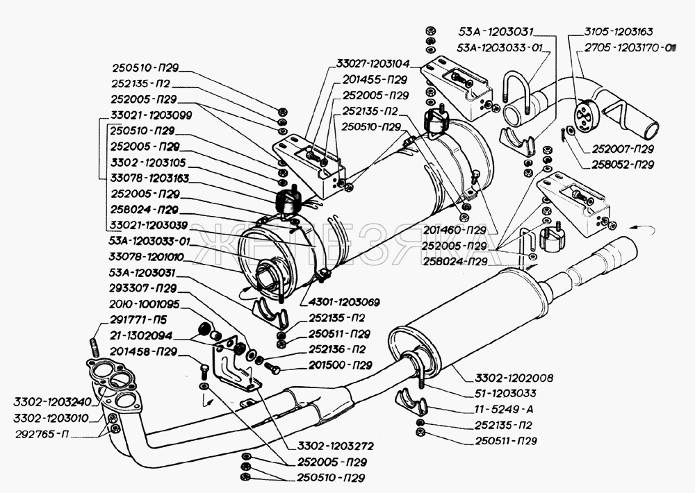Глушитель, резонатор, трубы и подвеска глушителя двигателей ЗМЗ-406 (для автомобилей выпуска до августа 2003года).  ГАЗ-2705 (дв. ЗМЗ-402)
