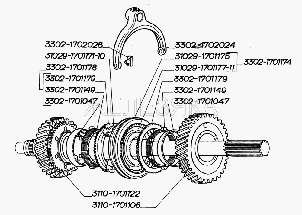 Синхронизатор 1-й и 2-й передач, вилка выключения 1-й и 2-й, 3-й и 4-й передач в коробке передач (для автомобилей выпуска с 2004 года).  ГАЗ-2705 (дв. ЗМЗ-402)