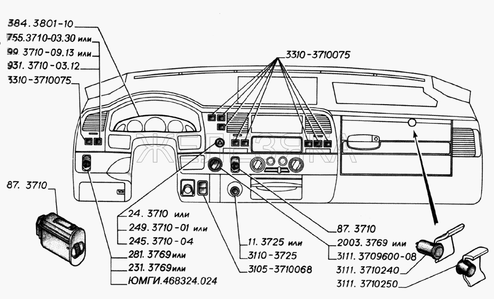 Органы управления на панели приборов, комбинация приборов (для автомобилей выпуска с 2003 года).  ГАЗ-2705 (дв. ЗМЗ-402)