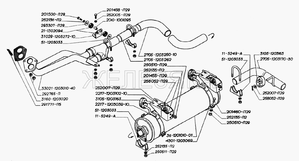 Глушитель, трубы и подвеска глушителя двигателя УМЗ-4215.  ГАЗ-2705 (дв. ЗМЗ-406)