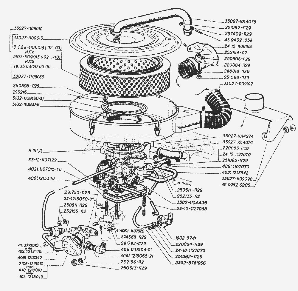 Карбюратор, фильтр воздушный, электромагнитный клапан, клапан рециркуляции с термовакуумным выключателем, вентиляция картера двигателей ЗМЗ-406.  ГАЗ-2705 (дв. УМЗ-4215)