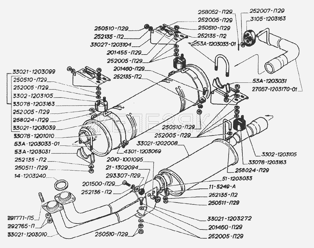 Глушитель, резонатор, трубы и подвеска глушителя двигателей ЗМЗ-402.  ГАЗ-2705 (дв. УМЗ-4215)