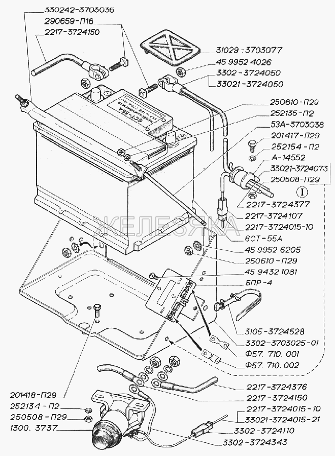 Батарея аккумуляторная, крепление батареи и проводов, блок предохранителей.  ГАЗ-3221 (2006)