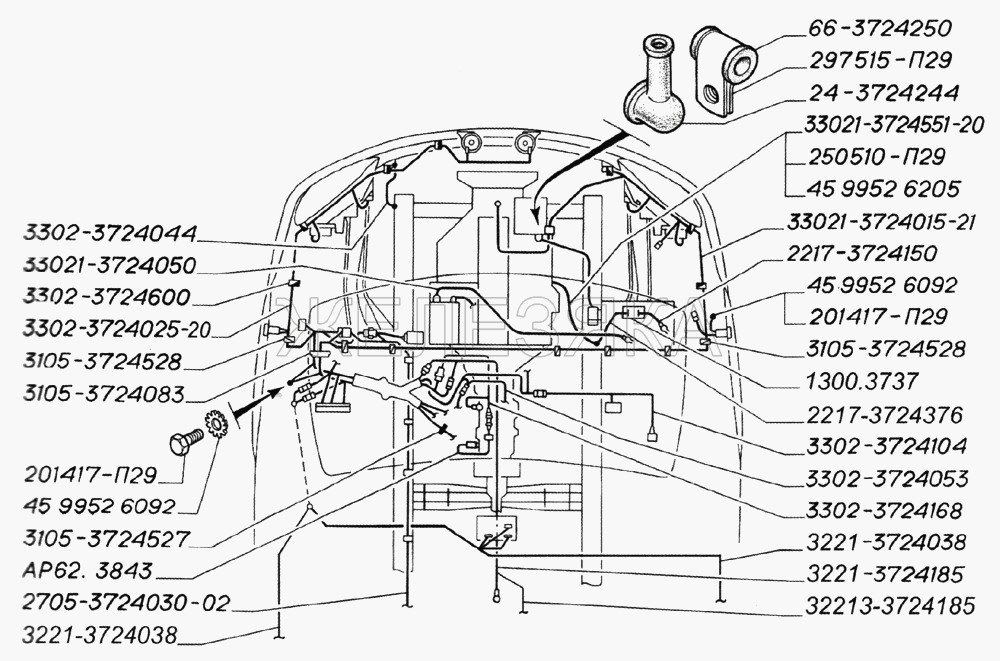 Установка электропроводов в моторном отсеке и кабине (для автобусов с двигателями ЗМЗ-402 и УМЗ-4215).  ГАЗ-3221 (2006)