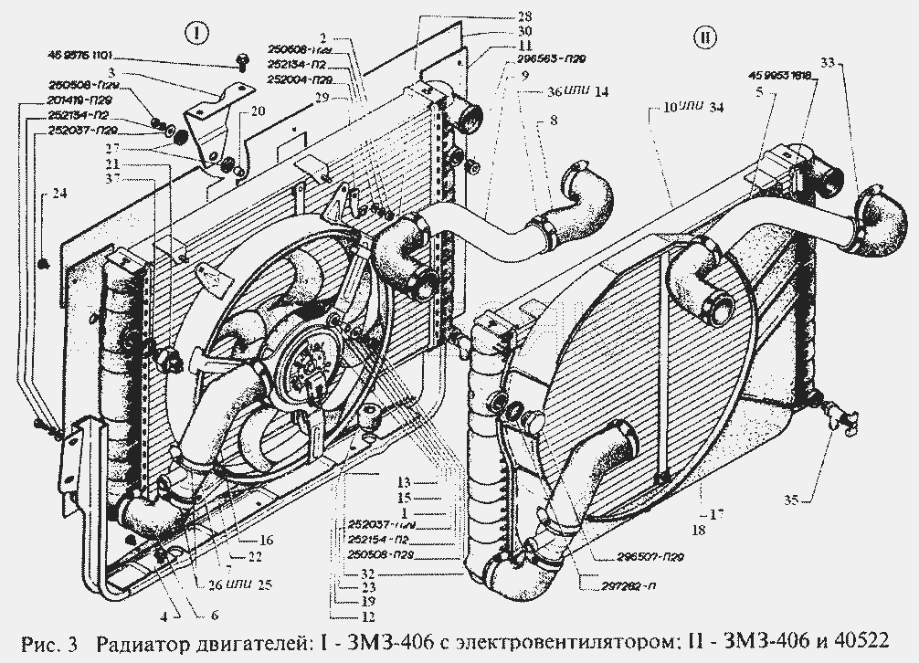 Радиатор двигателей: I-ЗМЗ-406 с электровентилятором, II-ЗМЗ-406 и ЗМЗ-40522.  ГАЗель, Соболь (2003)