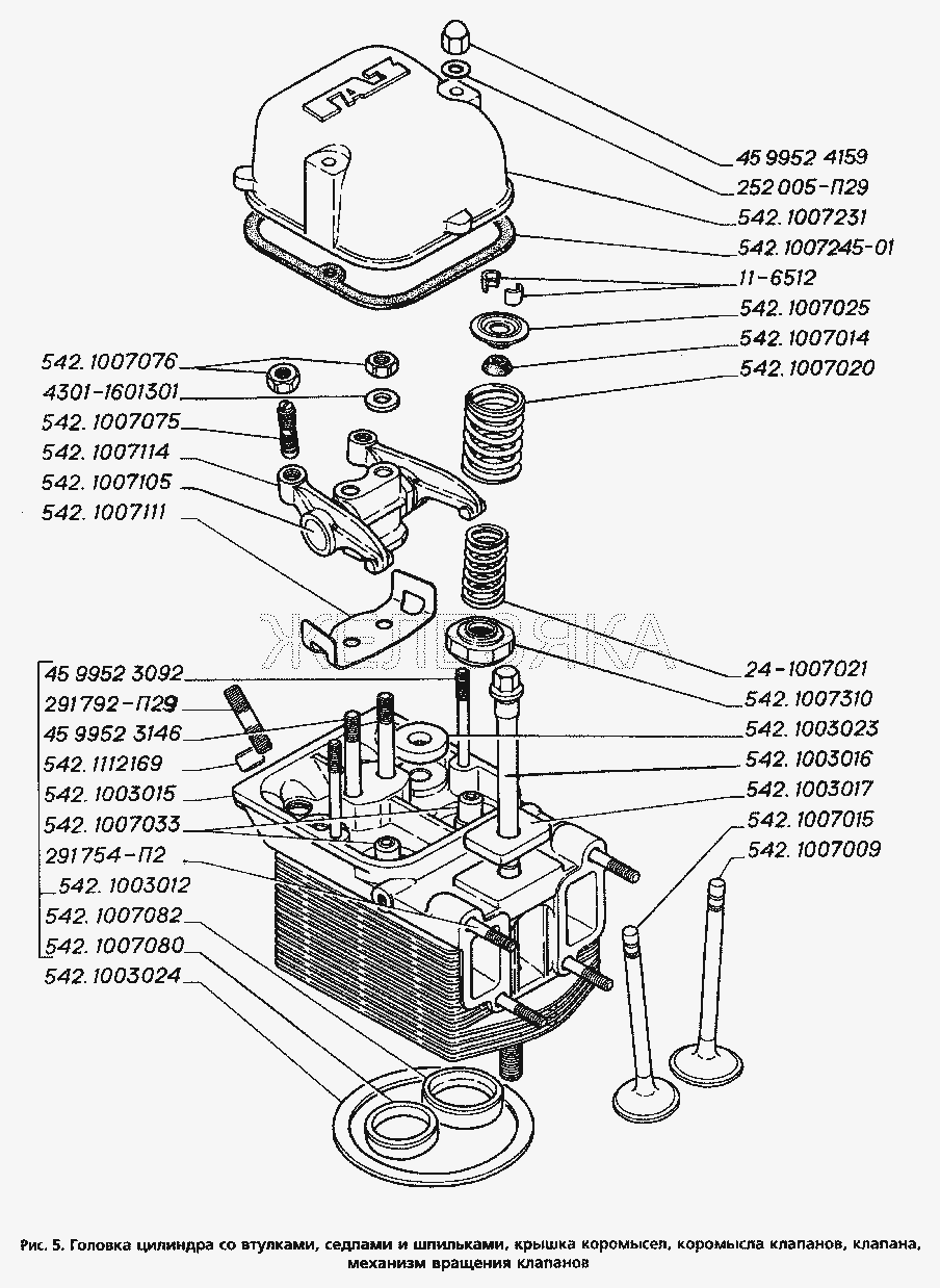 Головка цилиндра с втулками, седлами и шпильками, крышка коромысел, коромысла клапанов, клапана, механизм вращения клапанов.  ГАЗ-3306