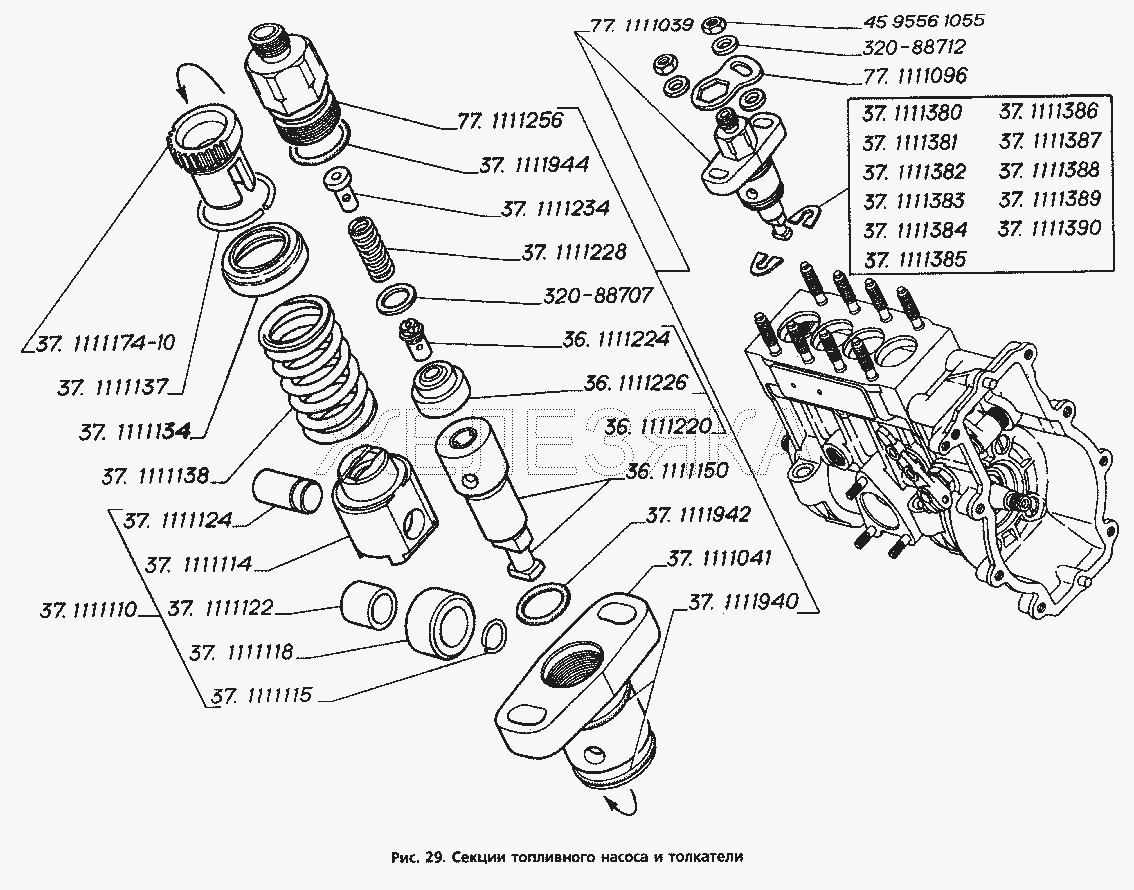 Секции топливного насоса и толкатели.  ГАЗ-3306