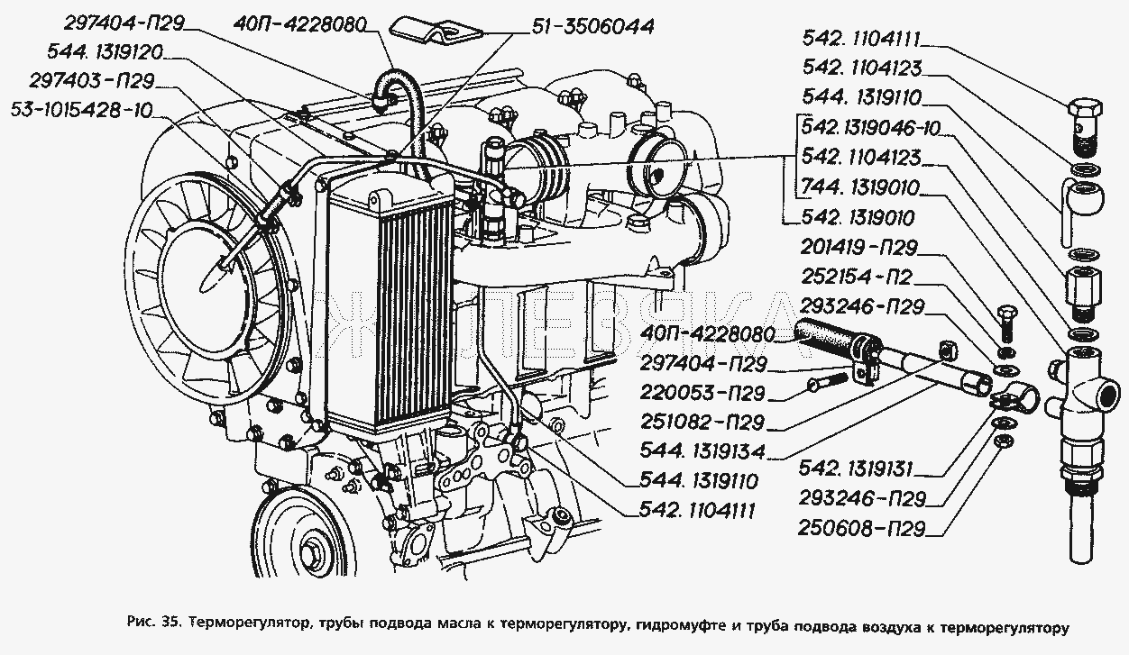 Терморегулятор, трубы подвода масла к терморегулятору, гидромуфте и труба подвода воздуха к терморегулятору.  ГАЗ-3306