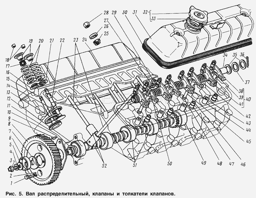 Вал распределительный, клапаны и толкатели клапанов.  ГАЗ-3307