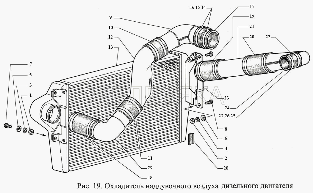 Охладитель наддувочного воздуха дизельного двигателя.  ГАЗ-3308