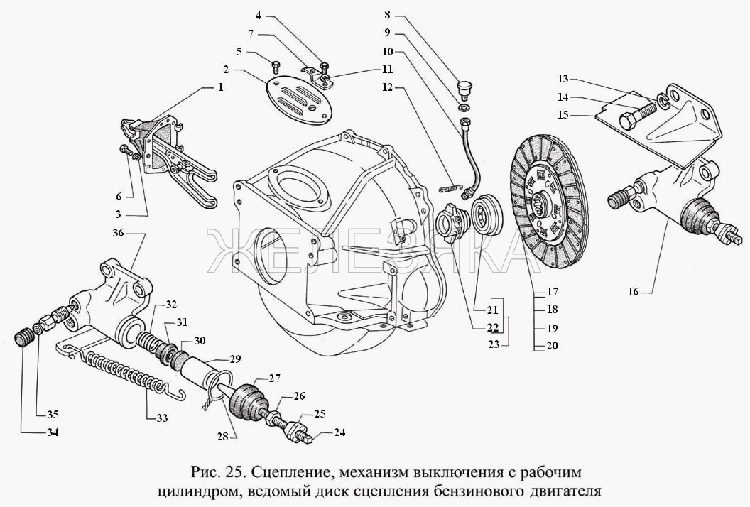 Сцепление, механизм выключения с рабочим цилиндром, ведомый диск сцепления бензинового двигателя.  ГАЗ-3308