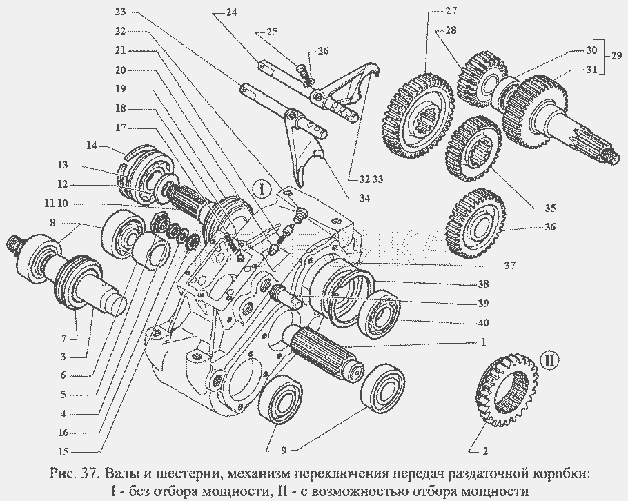 Валы и шестерни, механизм переключения передач раздаточной коробки.  ГАЗ-3308