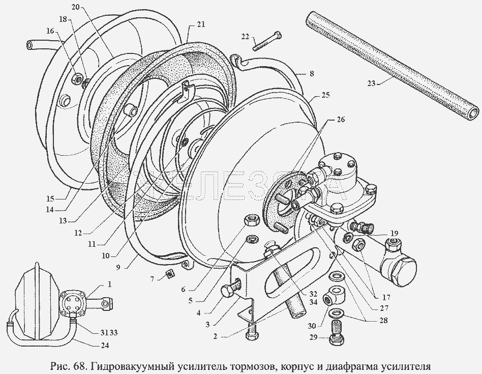 Гидровакуумный усилитель тормозов, корпус и диафрагма усилителя.  ГАЗ-3308