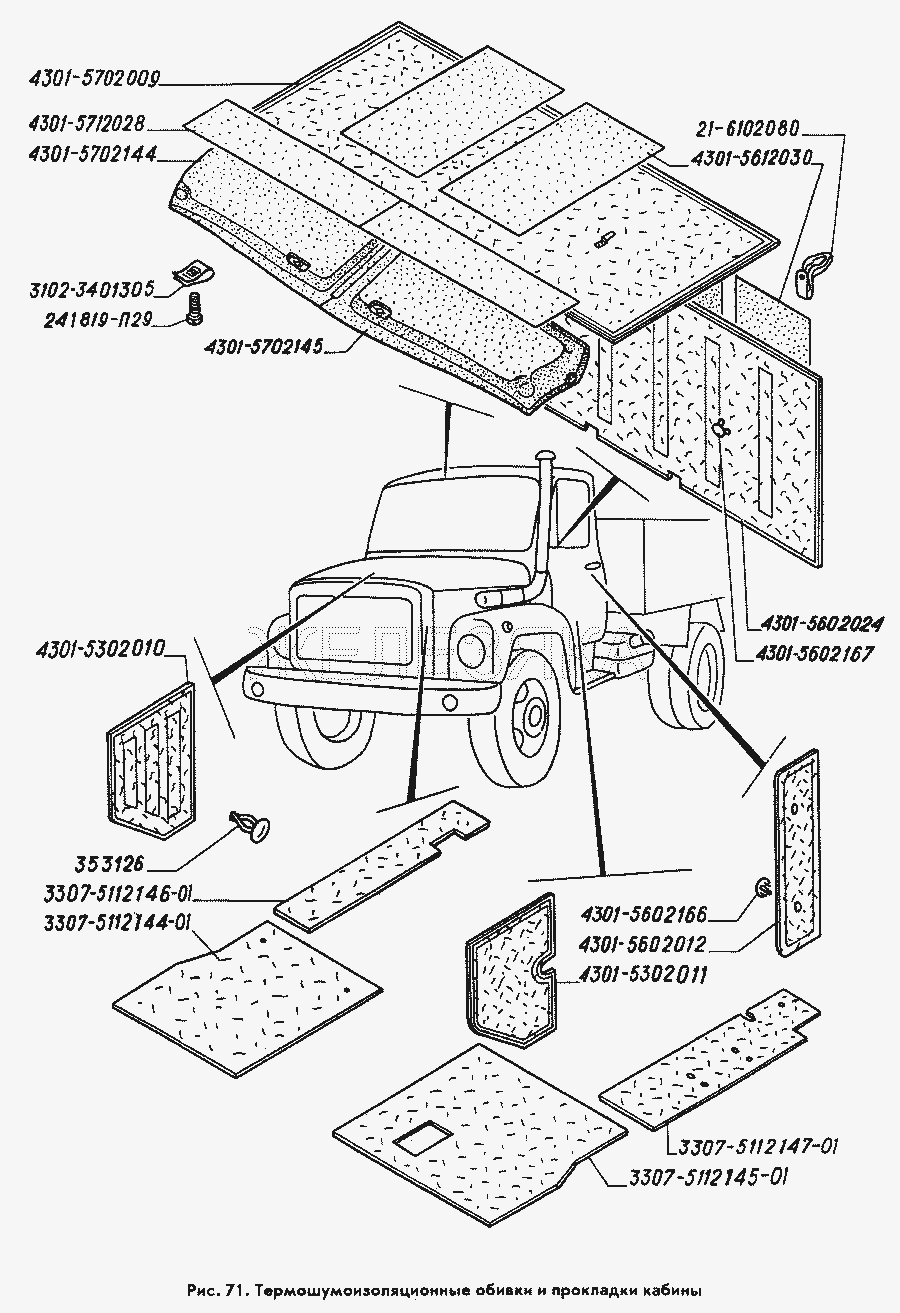Термошумоизоляционные обивки и прокладки кабины.  ГАЗ-3309