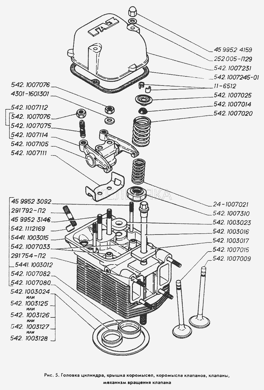 Головка цилиндра, крышка коромысел, коромысла клапанов, клапаны, механизм вращения клапана.  ГАЗ-3309