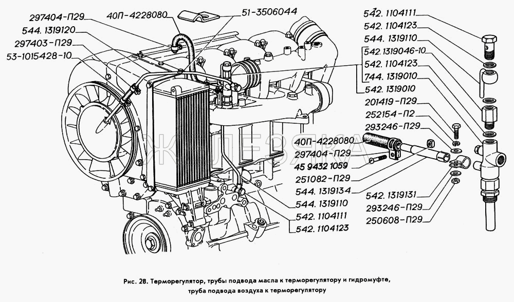 Терморегулятор, трубы подвода масла к терморегулятору и  гидромуфте, труба подвода воздуха к терморегулятору.  ГАЗ-3309